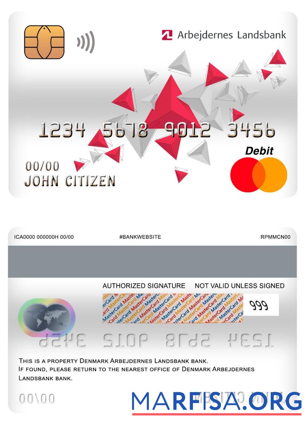 Realistic Denmark Arbejdernes Landsbank bank master debit card example